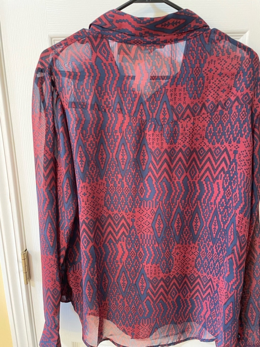 Stetson Western Aztec Sheer Blouse Size M Red Navy Button Up - Picture 3 of 5
